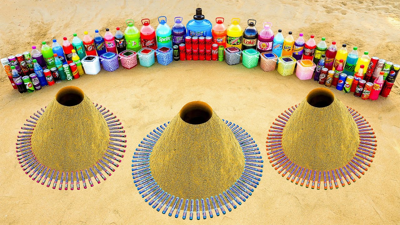 Big Fanta, Sprite, Coke, Mtn Dew, 7up, Cola vs Mentos Volcanic Underground