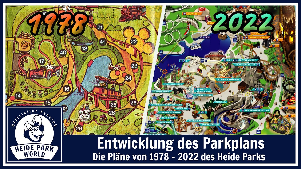 Entwicklung des Heide Park Parkplans von 1978 bis 2022 - Evolution of