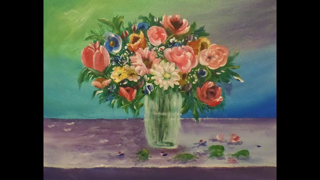 Acrylic Still life Painting Time-Lapse/ FLOWERS IN A GLASS VASE ...