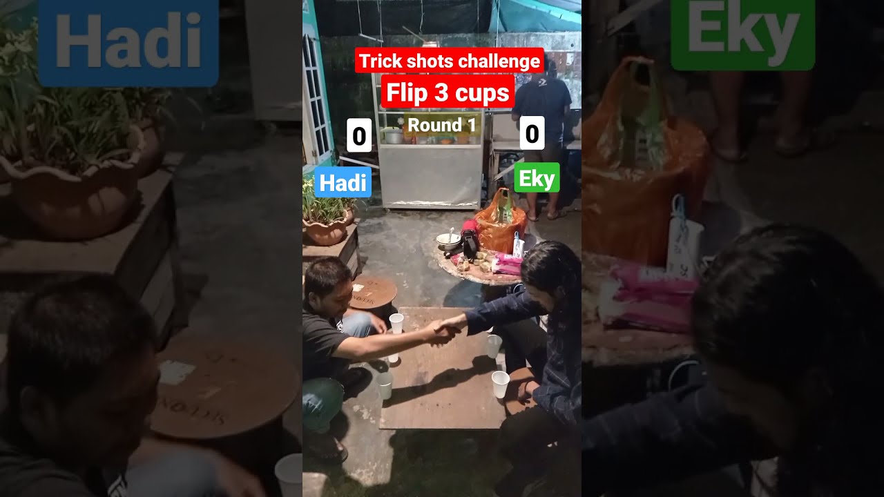 Trick shots challenge! Flip 3 cups. can Hadi beat Eky? 