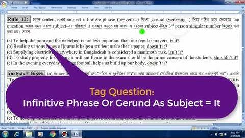 Tag Question: Infinitive Phrase Or Gerund As Subject = It (in Bangla)