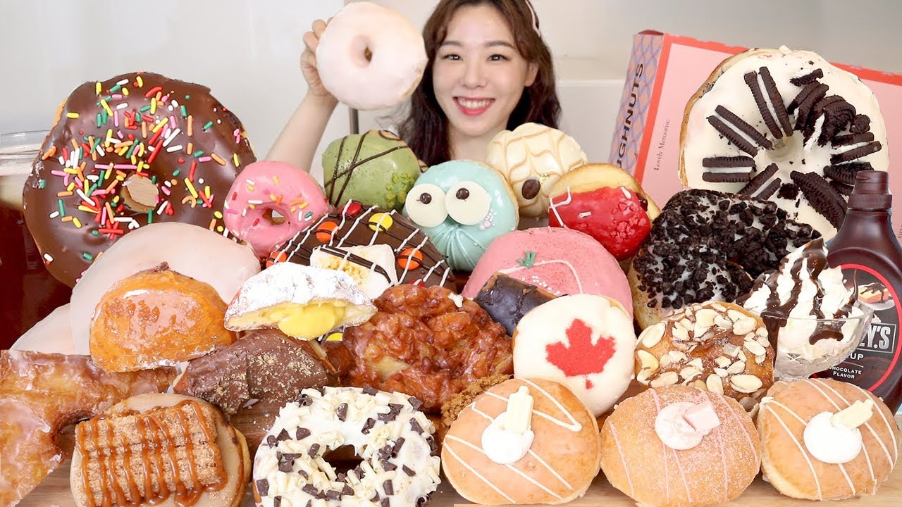 SUB) ASMR Пончики с кремовой начинкой Мукбанг 🍩 Криспи Крим Пончики Пончик Рэнди Шоколадный хлеб