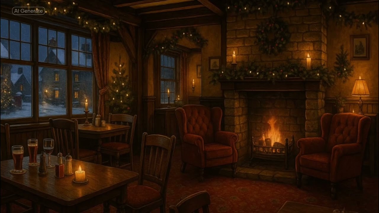 “Cozy British Pub Fireplace Ambience – Christmas Hearth & Snowy Village View” WITHOUT music