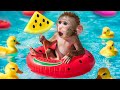 KiKi Monkey challenge swim and enjoy Miniature Watermelon Ice Cream with Duckling | KUDO ANIMAL KIKI