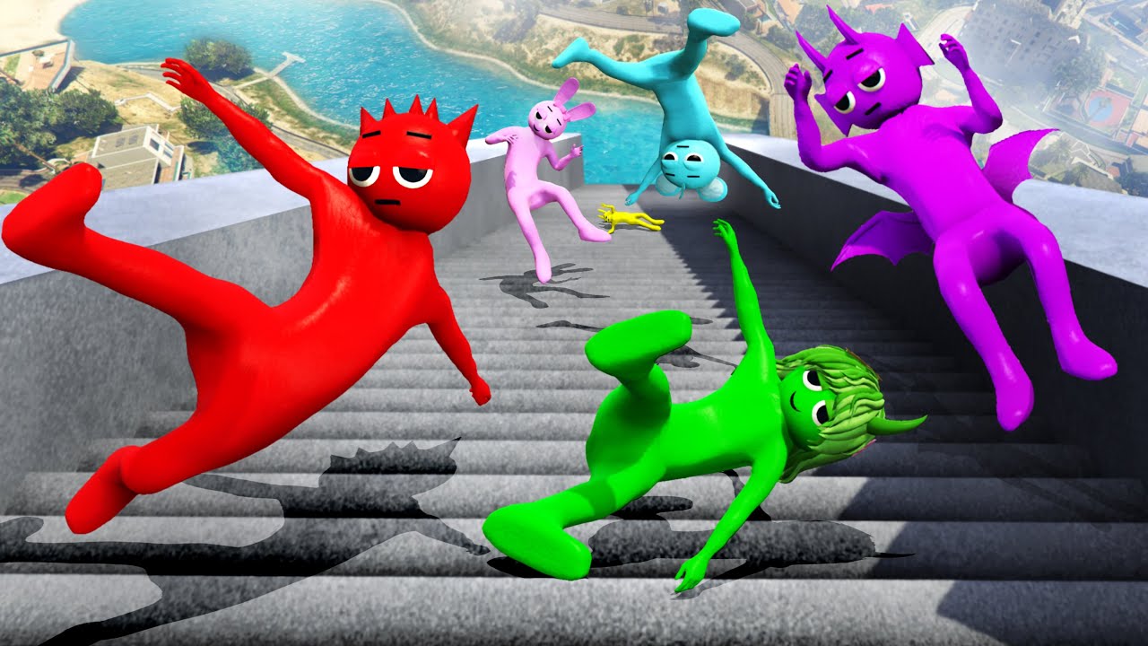 GTA 5 Incredibox Sprunki Squad Epic Long Stairs Ragdolls and Jumping