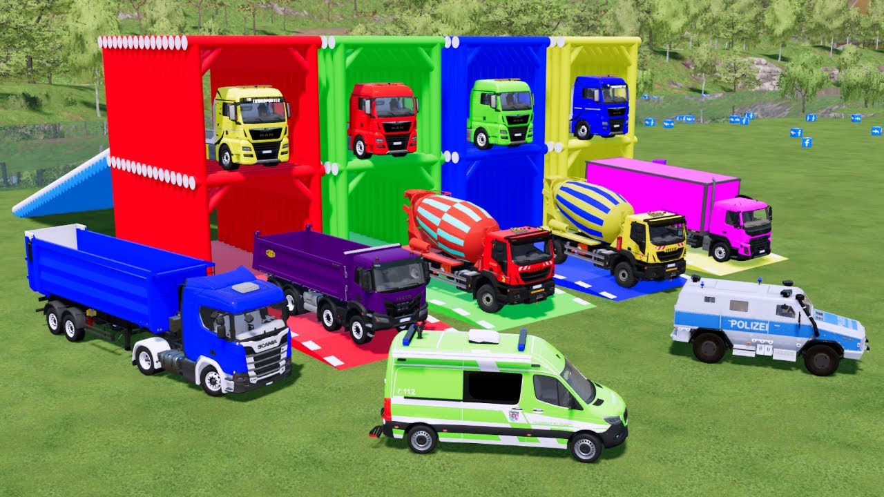 Перевозка красочного контейнера, бетоносмесителя, грузовика Kara, полицейских машин Mercy, машин ...