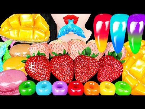 ASMR RAINBOW PUSH POP JELLY, STRAWBERRY, KOHAKOTO, MANGGO TANGHULU, MACARONS EATING SOUNDS MUKBANG먹방