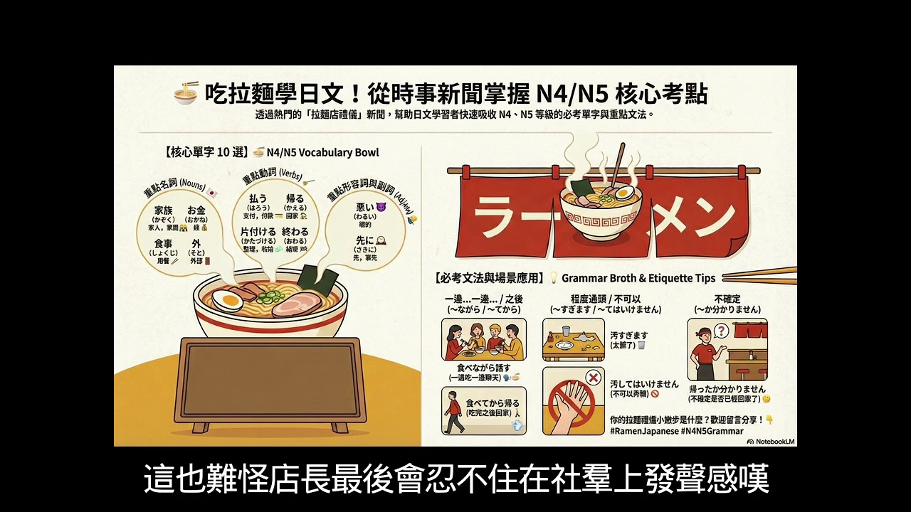 podcast專區 用新文學日文 N4 N5 靜岡縣拉麵店「麵創房LEO」近期遭遇的用餐禮儀衝突，並藉此作為日語學習的實務教材