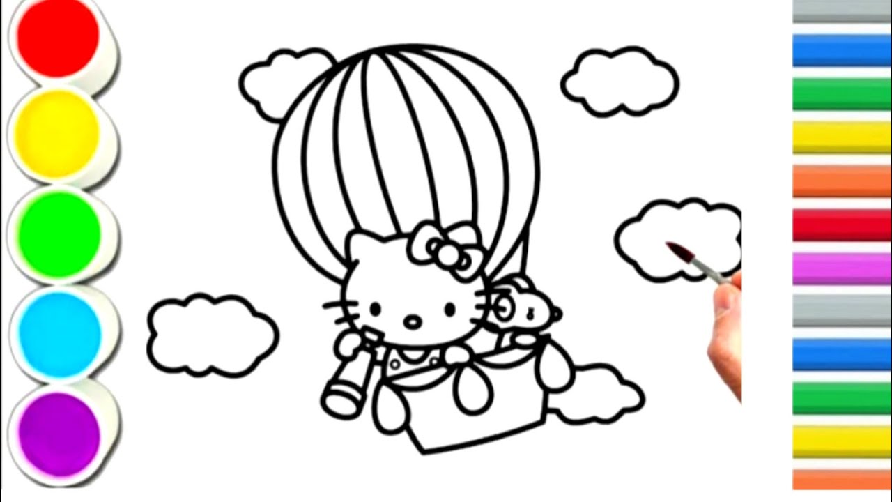 Hello Kitty With Air Balloon Drawing, Painting and Coloring for Kids and Toddlers