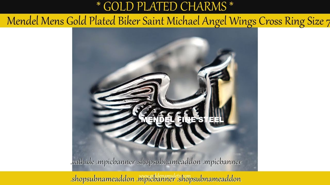 Mendel Mens Gold Plated Biker Saint Michael Angel Wings Cross Ring Size 7-15