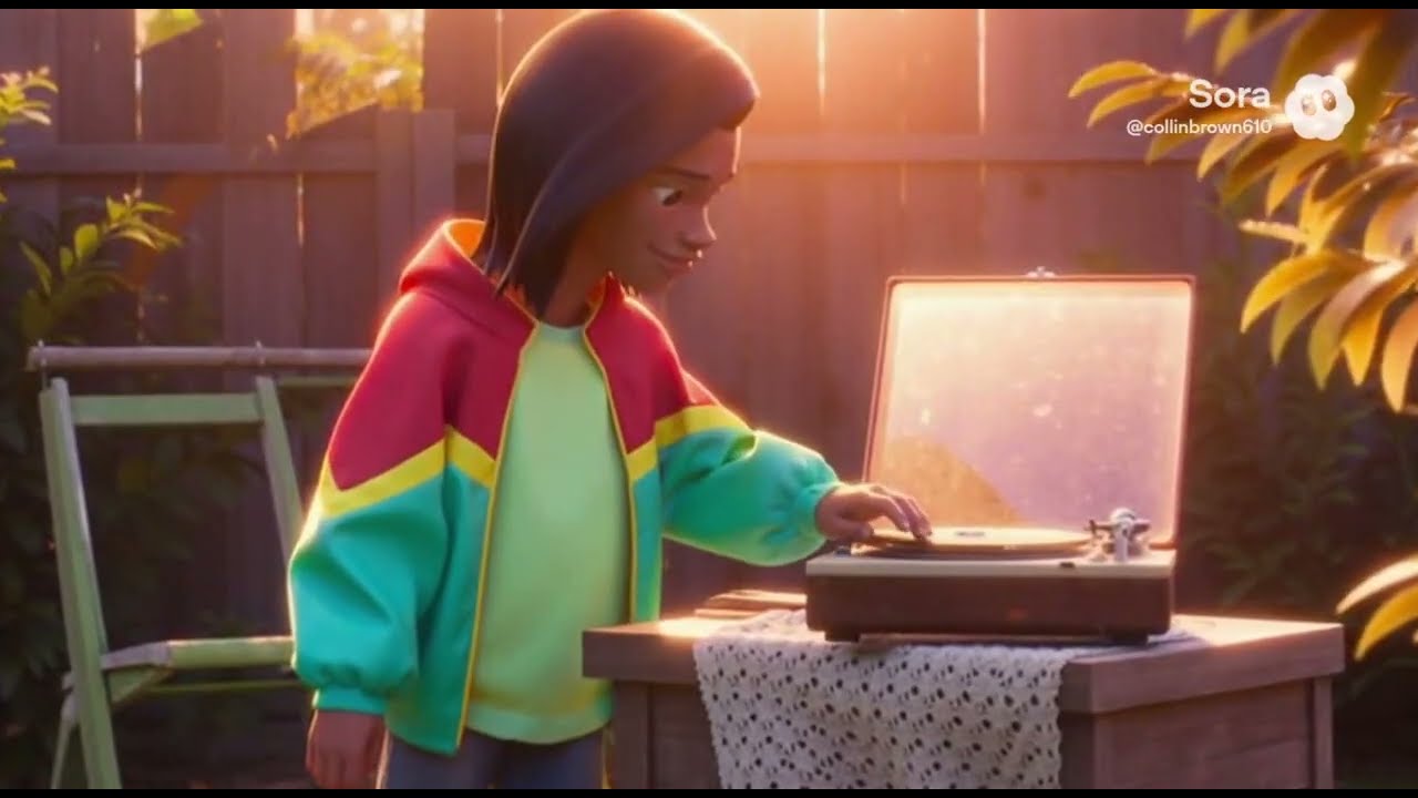 A young version of the artist placing a vinyl record on a turntable outdoors, symbolizing early memories of music and listening