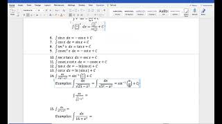 MATH141 Standard Integrals