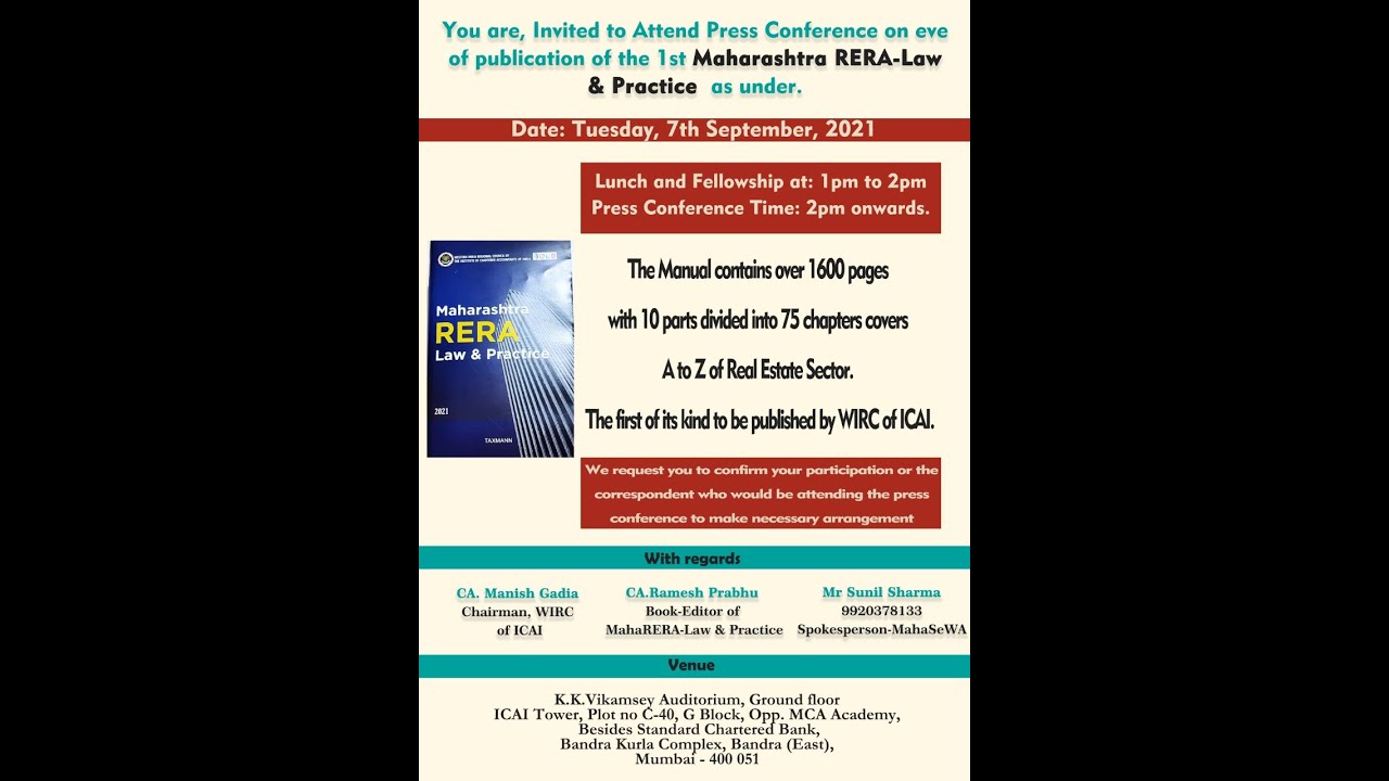WIRC of ICAI has Arranged the Press Conference on Release of Maharashtra RERA-Law and Practice