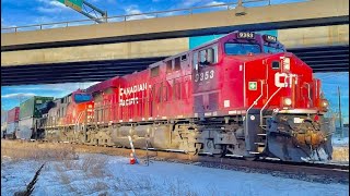 SUPER RARE! double CN ET44ACs on a CP stack train slowly approaching Calgary on the Laggan sub.