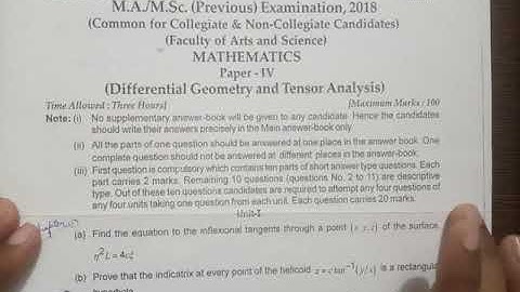 Differential Geometry and Tensor Analysis 2018 | M.Sc Previous | RRBMU | Question Paper | Online Stu