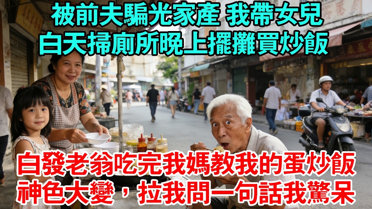 被前夫騙光家產 我帶女兒白天掃廁所晚上擺攤買炒飯白發老翁吃完我媽教我的蛋炒飯神色大變，拉我問一句話我驚呆#為人處世#生活經驗#情感#故事#正能量