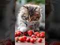 A cute fluffy kitten with bright eyes spots a scattering of juicy red strawberries on the ground