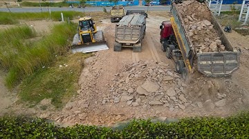 Amazing New Road Construction by Skills Operator Bulldozer Pushing Soil with 10 wheel Dump Truck