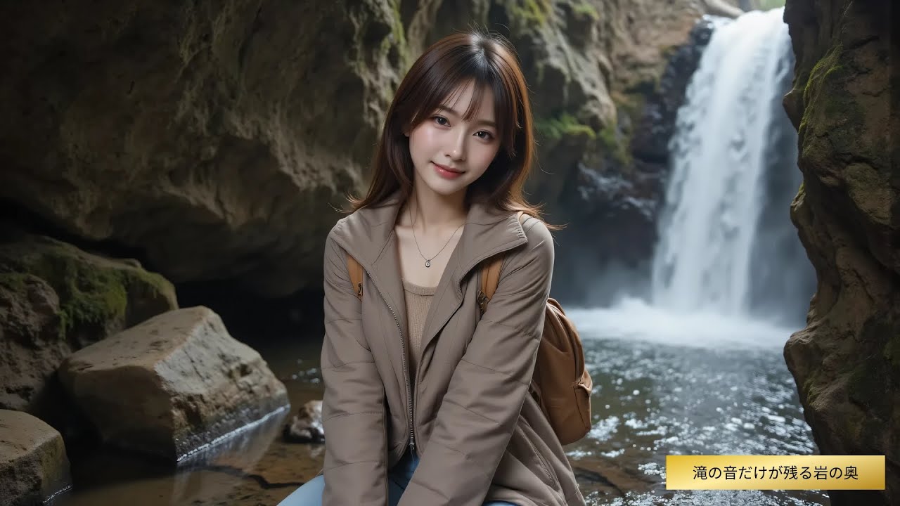 AI-MODEL-ART 美とARTの世界 滝の裏側、冬の岩窟で立ち止まった午後…