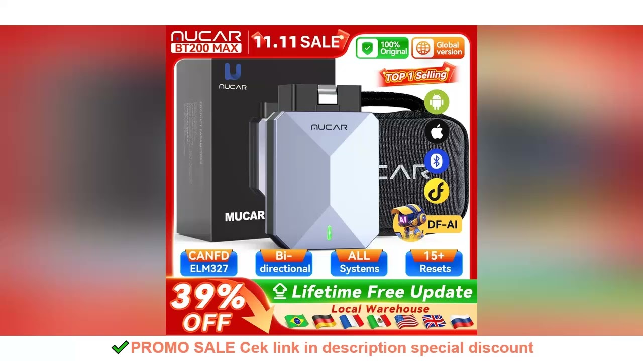 MUCAR BT200 MAX Automotive Tool ELM327 OBD2 Bluetooth Scanner CANFD Bidirectional 15 Reset Full Syst