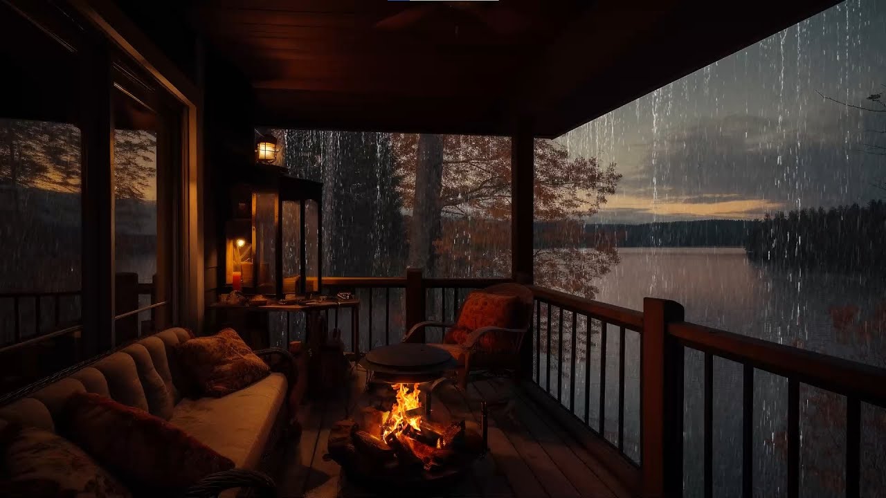 Rain Falling Sounds in Cozy Cabin Balcony on Lakeside | Heavy Rain ...