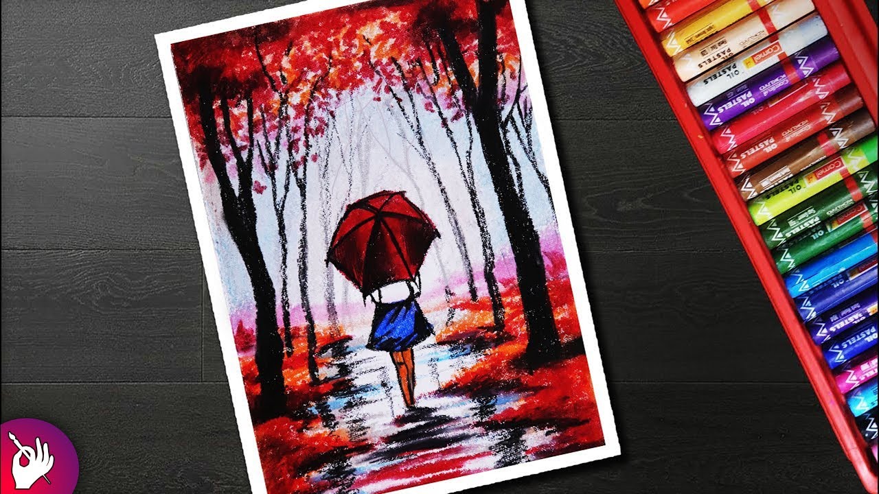 Rainy Season Scenery Drawing For Beginners With Oil Pastel Girl In Rain