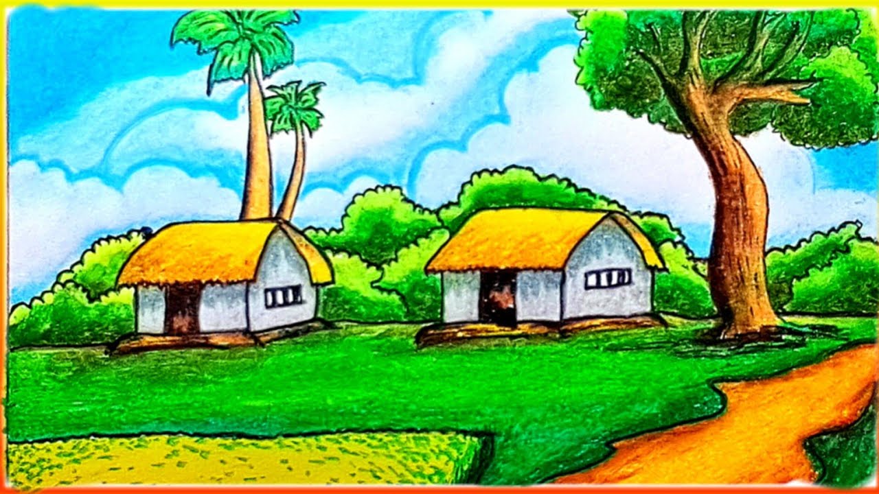 EASY VILLAGE DRAWING|| DRAWING Step by Step || SIMPLE VILLAGE SCENERY ...