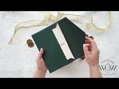 Deckled Edge Wedding Invitation with Gold Foil Frame and Emerald Green Envelope - 3131GG