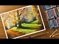 Oil pastel scenery / Step by step tree landscape oil pastel Drawing for beginners