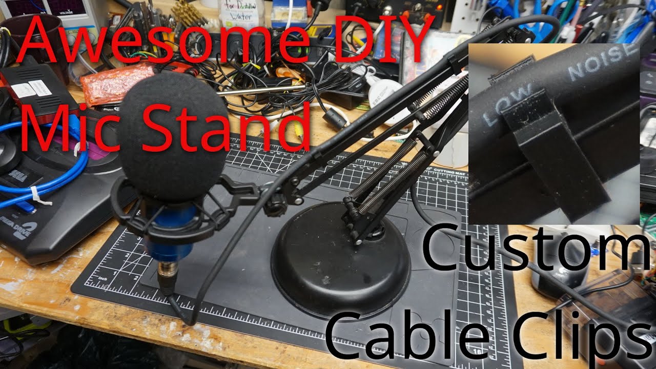 DIY Mic Stand from a Weighted Base Lamp with Cable Clips for Cable Routing