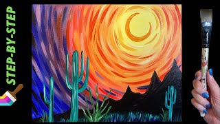77 - 'Desert Sunset' easy acrylic desert painting with cacti and sunset landscape