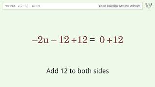 Linear equation with one unknown: Solve 2(u-6)-4u=0 step-by-step solution