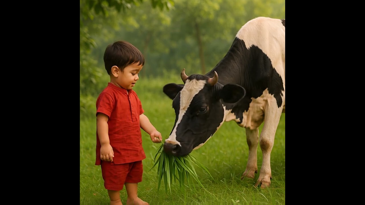 🌿 Cow Feeding by a Cute Kid  Peaceful Village Life Moments 🌿