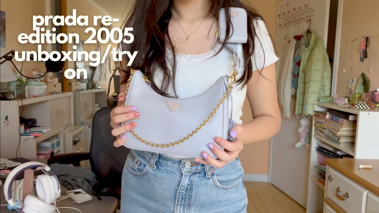 my first designer bag unboxing/styling  prada re-edition 2005 in saffiano  leather wisteria 