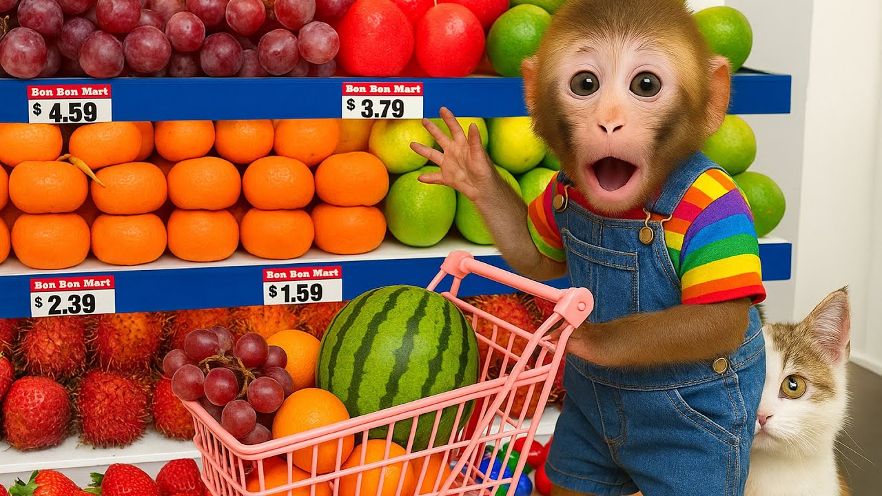 Mono celebra uvas enormes con gatito en la cocina familiar | Mono NonNon ESP