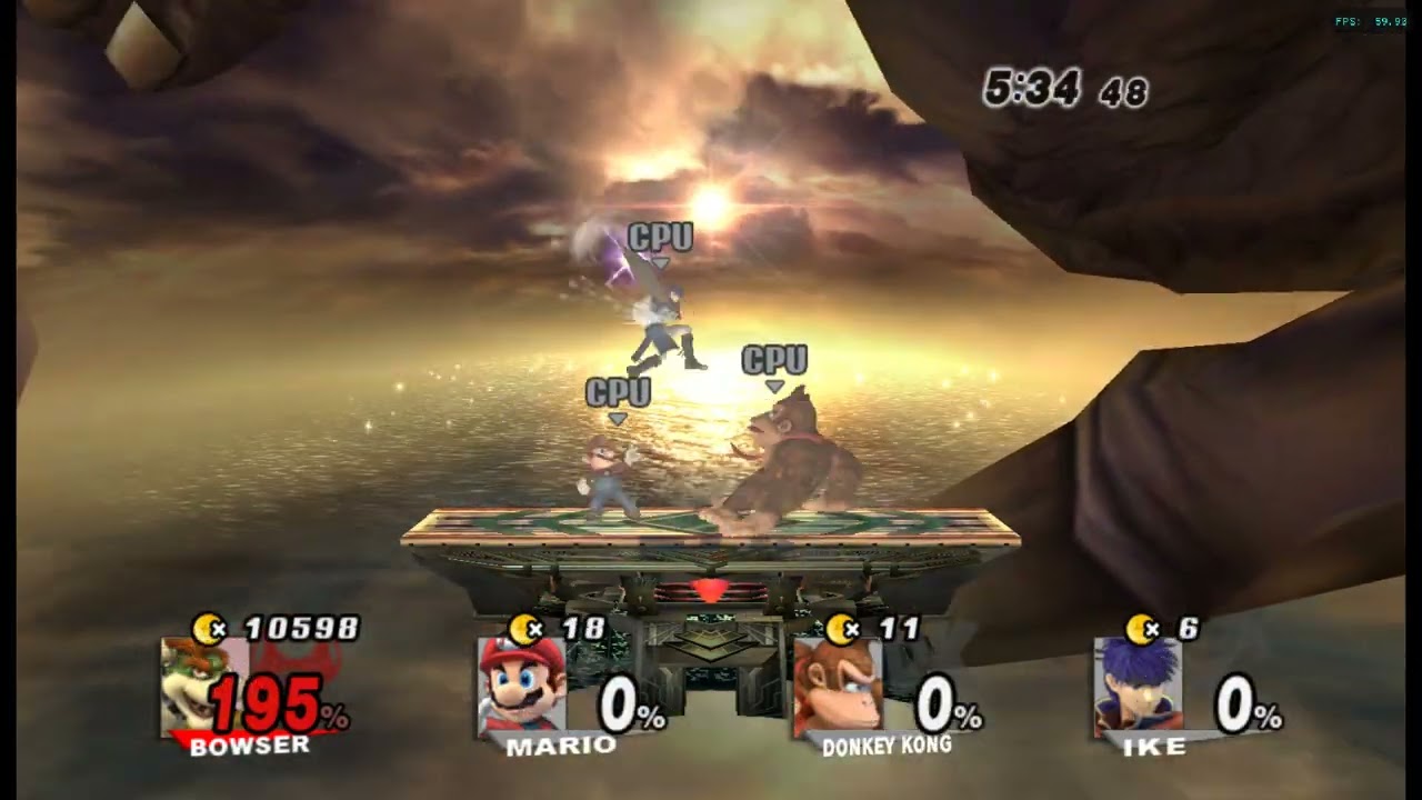 SSBB Hacks: Giant Growing Bowser/Giga Bowser vs. Mario, DK and Ike in Coin Battle