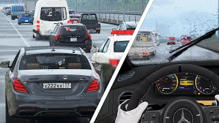 LUXURY S63 AMG (W222) In Realistic Heavy Rain Cutting Through 125 Traffic cars | Assetto Corsa LUXURY S63 AMG (W222) In Realistic Heavy Rain Cutting Through 125 Traffic cars | Assetto Corsa