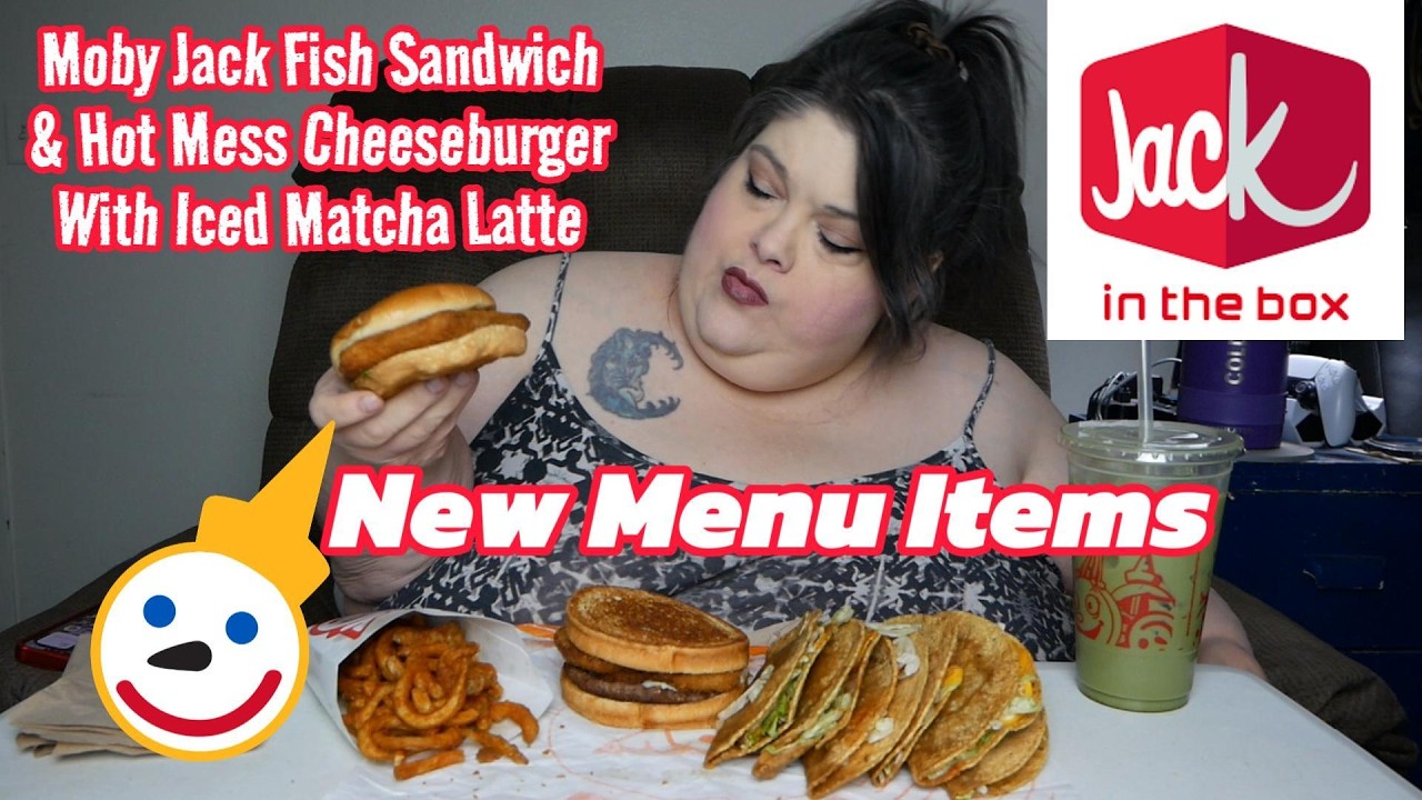 Jack In The Box New Menu Items Moby Fish Sandwich Hot Mess Cheeseburger & Iced Matcha Latte Mukbang