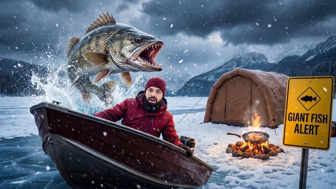 GIANT FISH ATTACK at Hanna Lake 😱 | Solo Winter Camping Turned Dangerous ❄️🚤 | Snowfall Camping 