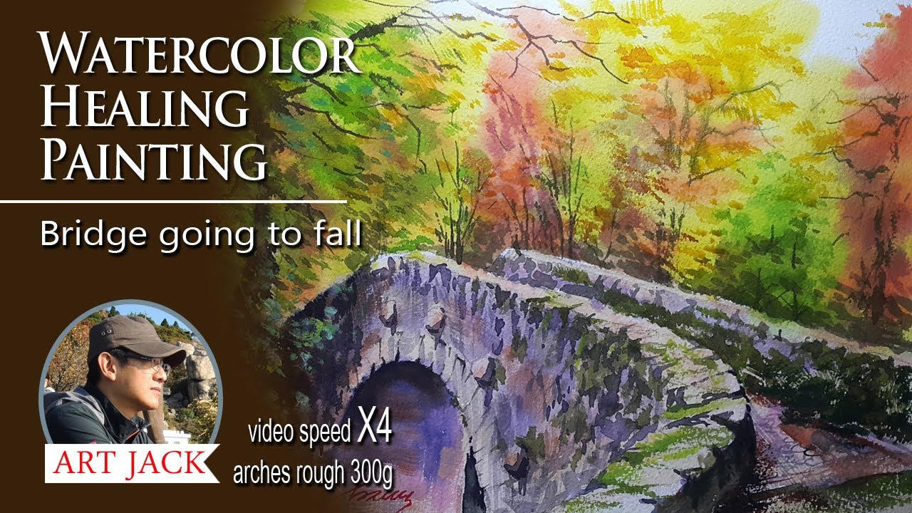Watercolor healing painting / Autumn landscape drawing / Bridge going ...