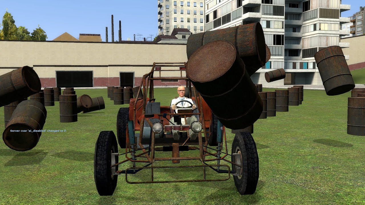 dr. isaac kleiner from hl2 recklessly driving a jeep