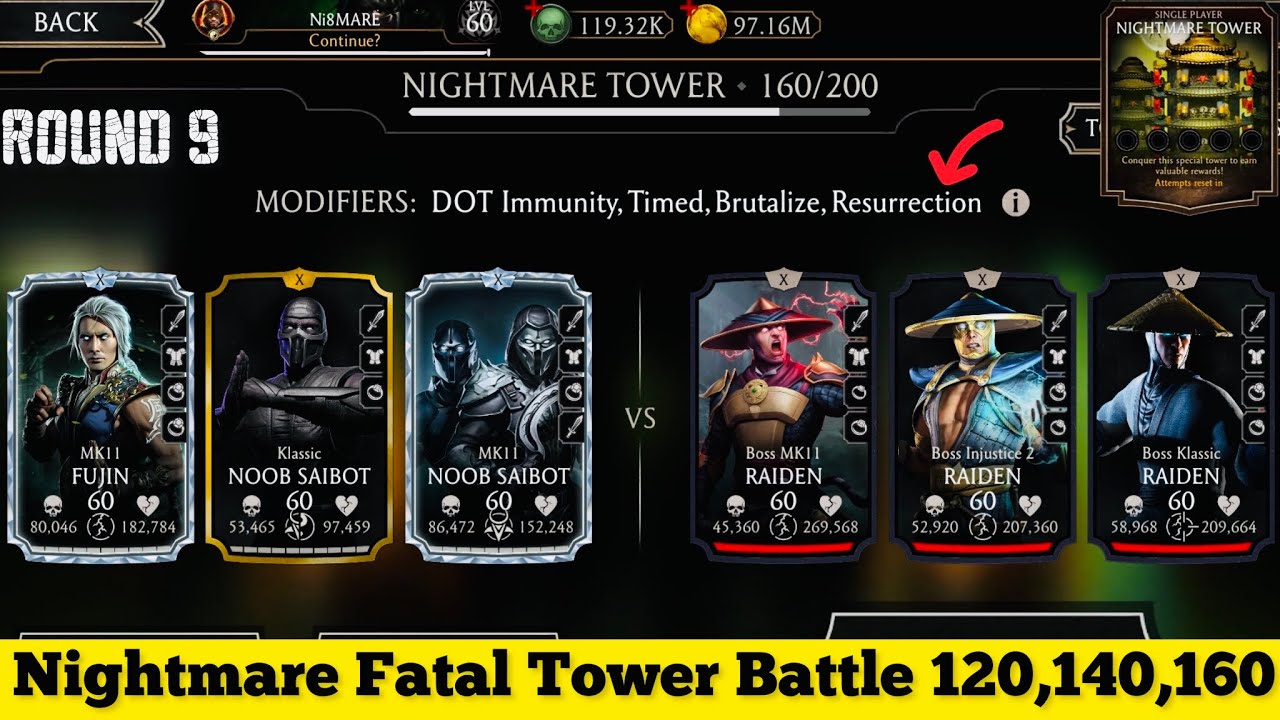 Nightmare Fatal Tower Bosses Battle 120 , 140 & 160 Fight + Reward | MK Mobile