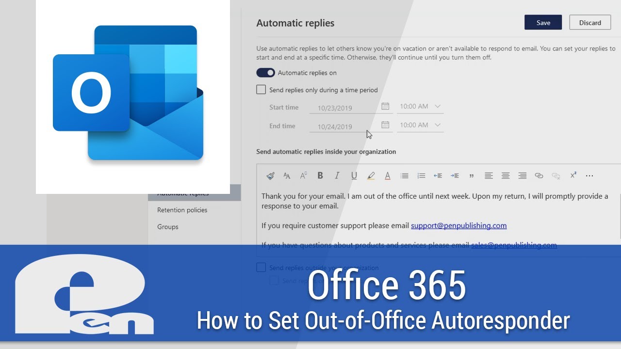 How to Set Out-of-Office Autoresponder in Outlook - Office 365 - YouTube