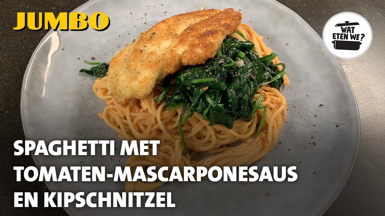 Wat eten we? Spaghetti met tomaten-mascarponesaus en kipschnitzel