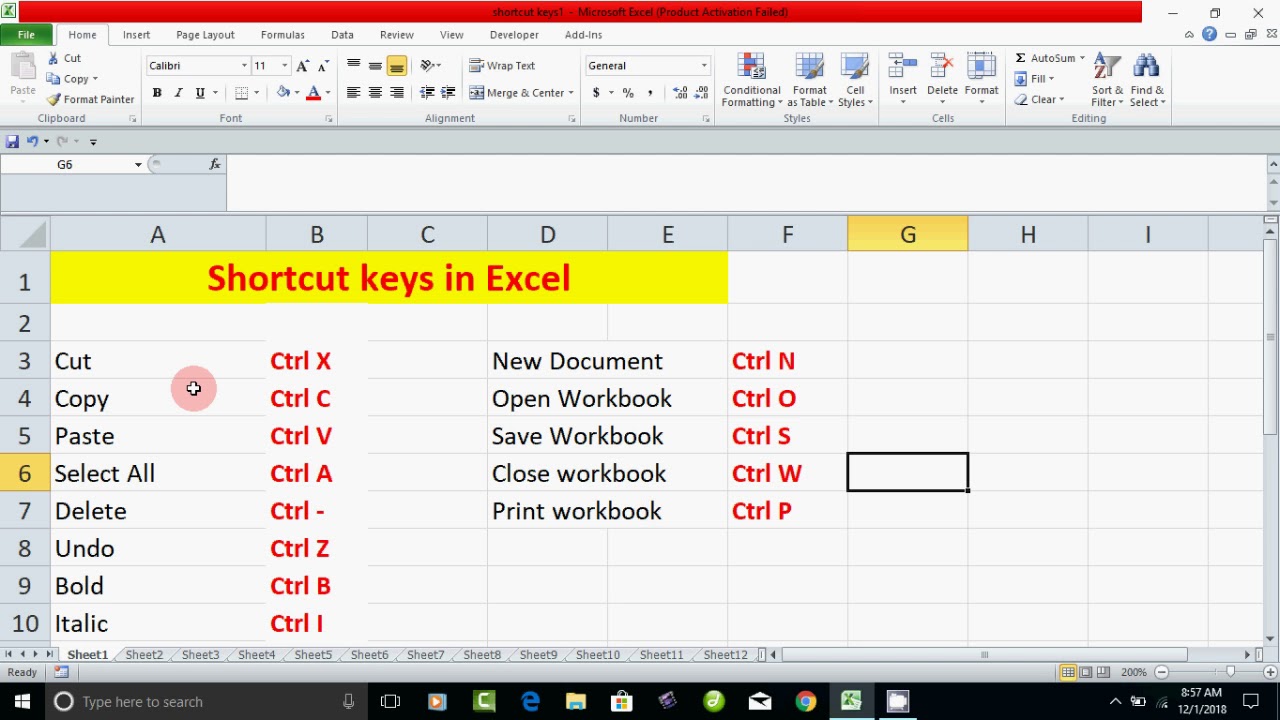add shortcut key in excel