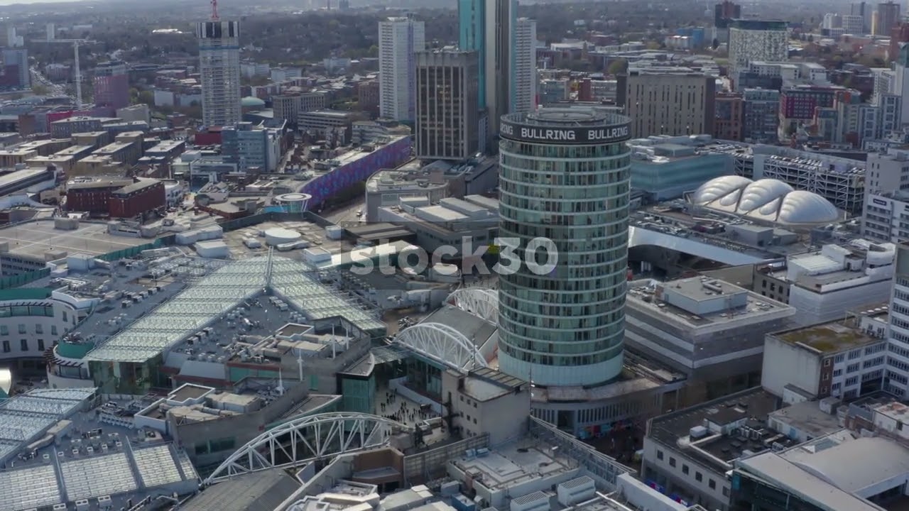 Drone Shot Orbiting Around Bullring Rotunda Office Building In Birmingham, UK