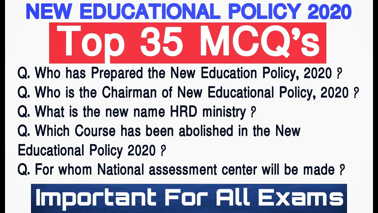 New Education Policy 2020 | Important MCQ's for all Competitive Exams | Current Affairs 2020