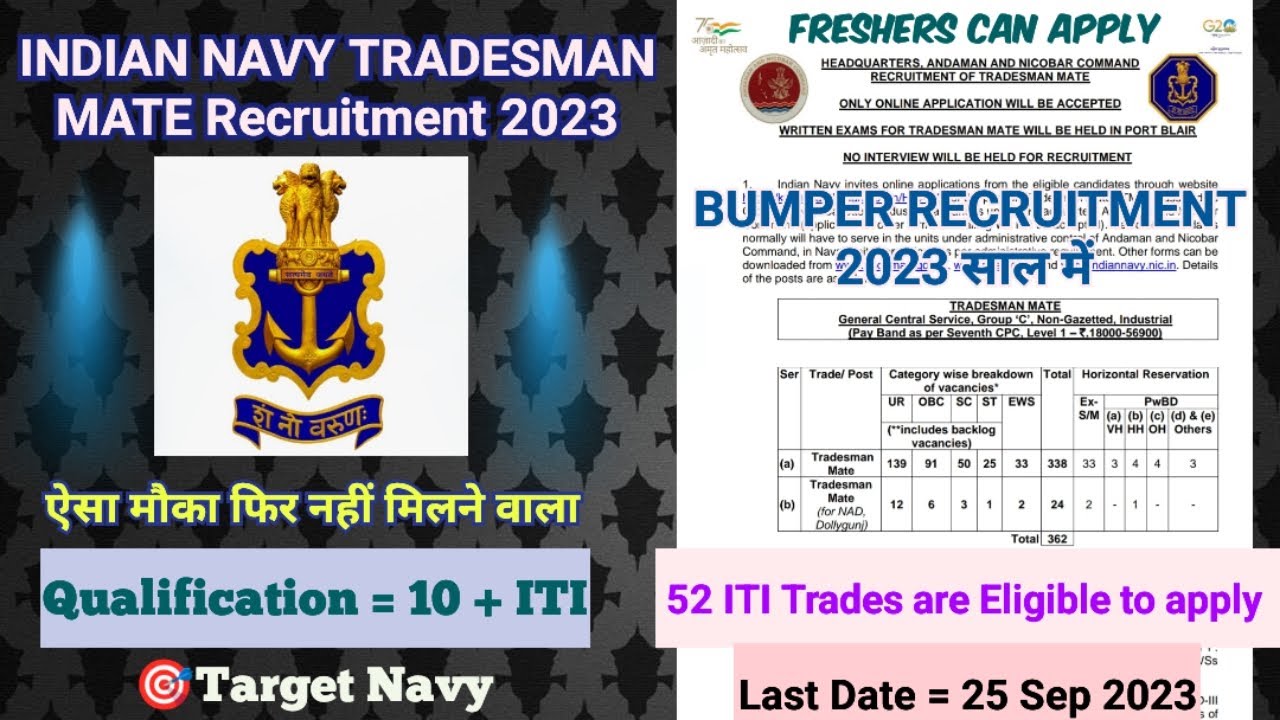 Indian Navy Tradesman Mate | Bumper Recruitment 2023 | Total Post = 362 | TradesmanMateNavy