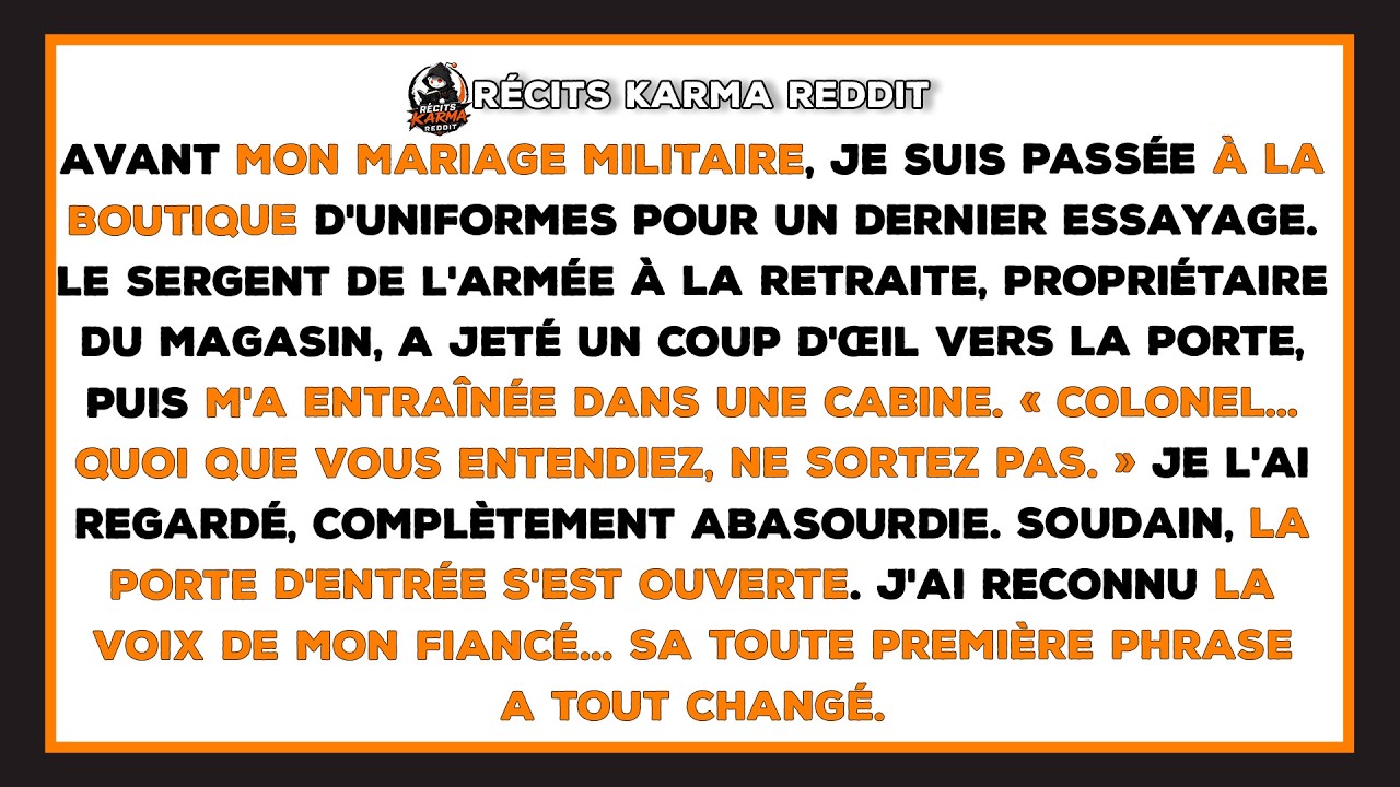 Quelques instants avant mon mariage militaire, un sergent à la retraite m’a poussée dans une cabine d’essayage et m’a chuchoté : « Mon colonel, quoi que vous entendiez, ne sortez surtout pas. »...