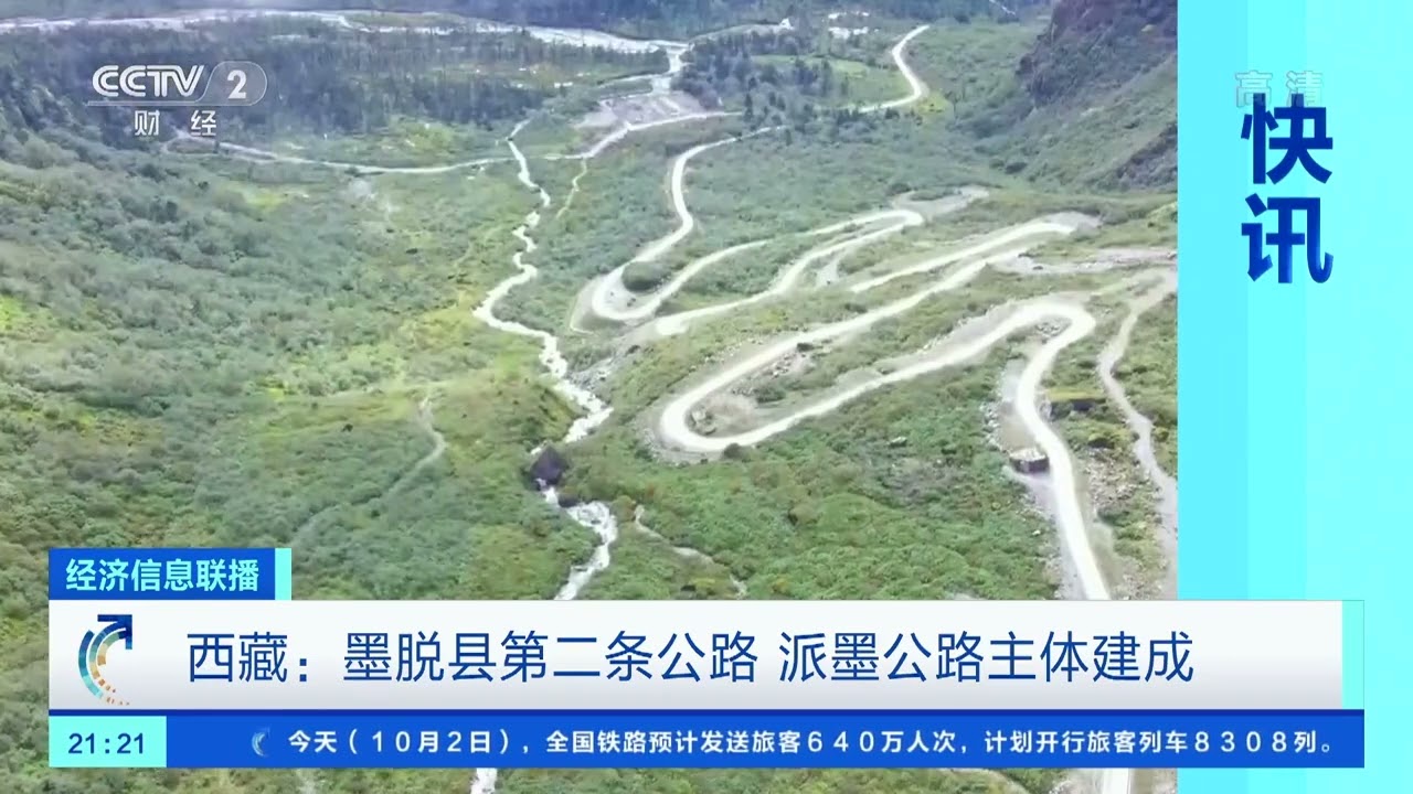 经济信息联播]快讯西藏：墨脱县第二条公路派墨公路主体建成|CCTV财经